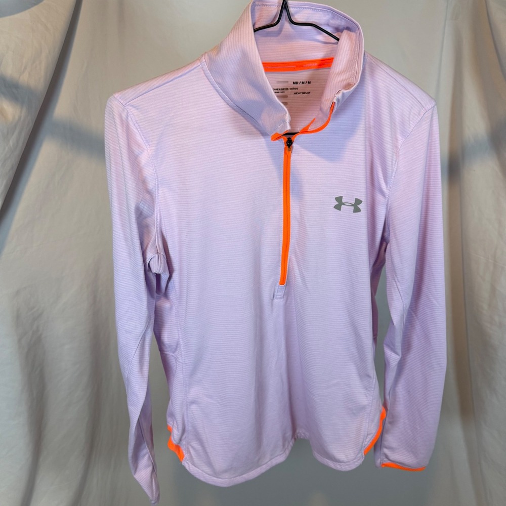 Under Armour Womens Running Top 1/4 Zip Pullover Medium Purple Orange HeatGear - Picture 6 of 9